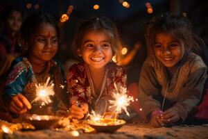 ai gerado família tradição do iluminação diyas em diwali. fechar-se do uma jovem menina iluminação terreno lâmpadas cercado de dela família durante diwali celebrações. foto