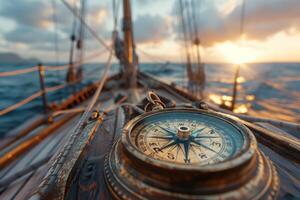 ai gerado vintage bússola em barco a vela área coberta às pôr do sol. uma detalhado Visão do uma vintage bússola em uma de madeira barco a vela área coberta, navegação a mar às pôr do sol. foto