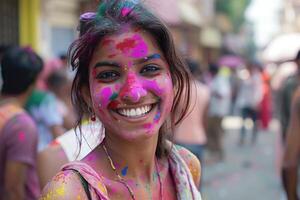 ai gerado alegre jovem mulher a comemorar holi festival. fechar-se do uma sorridente jovem mulher face adornado com colorida holi festival pós, exalando felicidade. foto