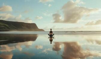 ai gerado pacífico ioga prática em reflexivo de praia às nascer do sol. solitário figura praticando ioga dentro uma tranquilo pose em uma reflexivo de praia às nascer do sol com suave claro. foto