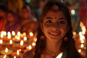 ai gerado família tradição do iluminação diyas em diwali. fechar-se do uma jovem menina iluminação terreno lâmpadas cercado de dela família durante diwali celebrações. foto