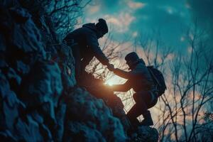 ai gerado alpinistas recortado contra pôr do sol em oceano penhasco. dois Rocha alpinistas, recortado de a configuração sol, escala uma íngreme penhasco negligenciar a oceano. foto