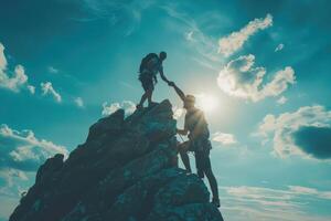 ai gerado alpinistas recortado contra pôr do sol em oceano penhasco. dois Rocha alpinistas, recortado de a configuração sol, escala uma íngreme penhasco negligenciar a oceano. foto