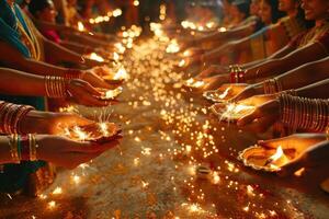 ai gerado mãos segurando diwali estrelinhas iluminador a noite. Visão do mãos segurando estrelinhas, iluminador a festivo noite com caloroso luz e bokeh. foto