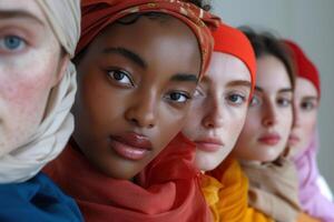 ai gerado diverso mulheres dentro colorida lenços de cabeça fechar-se. quatro diverso mulheres vestindo colorida lenços de cabeça, representando unidade dentro diversidade. foto