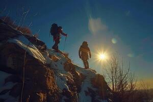 ai gerado alpinistas recortado contra pôr do sol em oceano penhasco. dois Rocha alpinistas, recortado de a configuração sol, escala uma íngreme penhasco negligenciar a oceano. foto