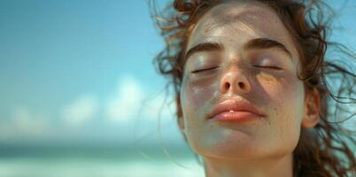 ai gerado sereno mulher com sardas desfrutando pacífico momento. fechar-se do uma sereno jovem mulher com sardas, olhos fechado, desfrutando uma pacífico momento dentro natural luz solar. foto