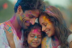 ai gerado família vínculo sobre holi cor jogar. uma família goza uma fechar-se momento, rostos coberto com vibrante holi cores, irradiando alegria e união. foto