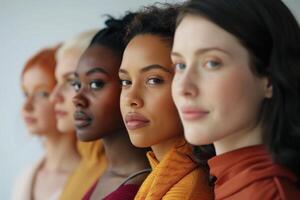 ai gerado diverso mulheres dentro colorida lenços de cabeça fechar-se. quatro diverso mulheres vestindo colorida lenços de cabeça, representando unidade dentro diversidade. foto