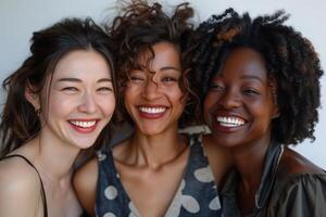 ai gerado alegre diverso mulheres com colorida penteados fechar-se. alegre diverso mulheres com colorida penteados, partilha uma genuíno momento do felicidade. foto