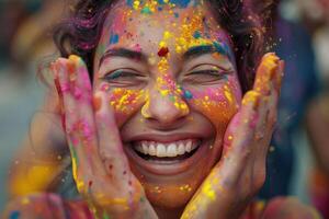 ai gerado alegre jovem mulher a comemorar holi festival. fechar-se do uma sorridente jovem mulher face adornado com colorida holi festival pós, exalando felicidade. foto