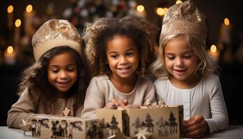 ai gerado sorridente meninas comemoro Natal, fofa e alegre, dentro de casa com família gerado de ai foto