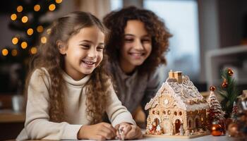 ai gerado sorridente meninas decoração Pão de gengibre casa, família vínculo dentro cozinha gerado de ai foto