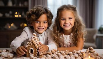 ai gerado sorridente meninas cozimento Pão de gengibre, criando doce caseiro família tradição gerado de ai foto