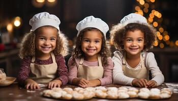 ai gerado sorridente meninas cozimento fofa biscoitos, alegre infância cozinhando dentro de casa gerado de ai foto