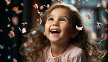 ai gerado uma bonitinho, alegre menina sorridente, desfrutando uma alegre aniversário festa gerado de ai foto