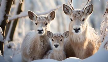 ai gerado fofa veado família dentro Nevado Prado, olhando às Câmera gerado de ai foto