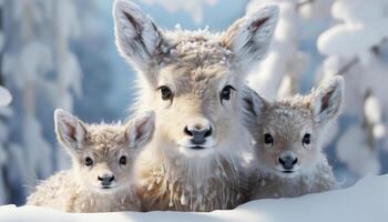 ai gerado fofa jovem animais dentro inverno, olhando às Câmera, ao ar livre gerado de ai foto