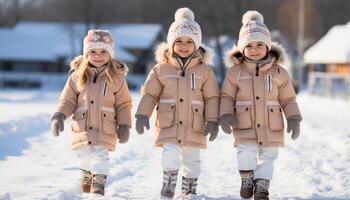 ai gerado sorridente crianças jogando dentro a neve, desfrutando inverno juntos gerado de ai foto