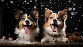 ai gerado fofa cachorro comemora inverno, olhando às Câmera com brincalhão sorrir gerado de ai foto