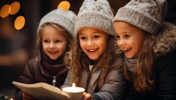 ai gerado sorridente criança, felicidade, garotas, alegre, bonitinho, inverno união, infância ao ar livre gerado de ai foto