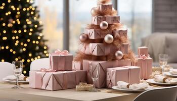 ai gerado acolhedor vivo sala, iluminado Natal árvore, presente caixa, elegante decoração gerado de ai foto