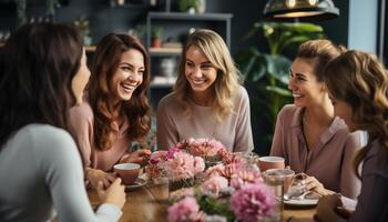 ai gerado grupo do mulheres sentado às mesa, desfrutando café e conversação gerado de ai foto