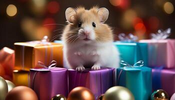 ai gerado fofa pequeno roedor sentado dentro uma presente caixa, olhando às Natal luzes gerado de ai foto