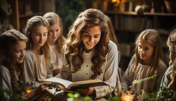 ai gerado grupo do meninas e Rapazes sorridente, lendo livros dentro biblioteca gerado de ai foto