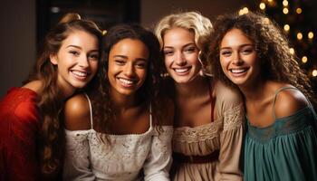 ai gerado jovem mulheres sorridente, desfrutando festa, olhando confiante dentro elegante vestidos gerado de ai foto