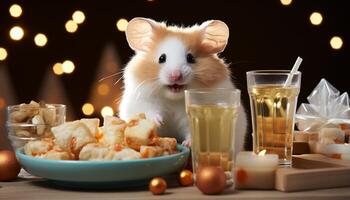 ai gerado fofa animal senta às mesa, desfrutando doce Comida e vinho gerado de ai foto