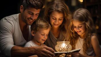 ai gerado uma feliz família vínculo dentro de casa, desfrutando bonitinho, alegre união gerado de ai foto