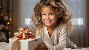 ai gerado sorridente menina segurando presente, trazendo felicidade para Natal celebração gerado de ai foto