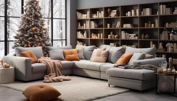 ai gerado acolhedor inverno vivo quarto moderno decoração, confortável sofá, iluminado Natal árvore gerado de ai foto