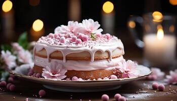 ai gerado caseiro aniversário bolo com morango glacê, fresco flores decoração gerado de ai foto