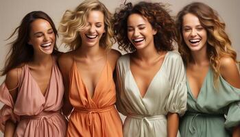 ai gerado uma grupo do jovem mulheres dentro elegante vestidos, sorridente alegremente gerado de ai foto