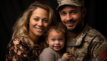 ai gerado sorridente família, 1 criança, felicidade, amor, retrato, alegre pais gerado de ai foto