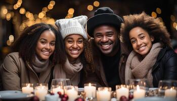 ai gerado africano mulheres sorridente, jovem adultos União, desfrutando inverno celebração gerado de ai foto