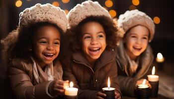 ai gerado sorridente crianças comemoro bonitinho, alegre inverno noite com família gerado de ai foto