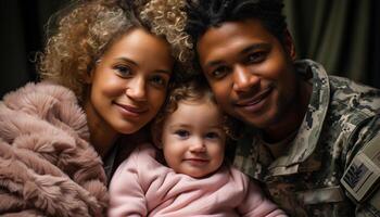 ai gerado sorridente família, 1 criança, felicidade, amor, alegre, olhando às Câmera gerado de ai foto