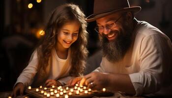 ai gerado família União, amor, e alegria dentro uma acolhedor luz de velas casa gerado de ai foto