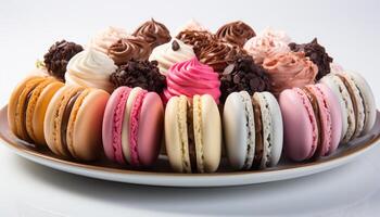 ai gerado uma colorida macaroon coleção em uma branco placa, indulgente Doçura gerado de ai foto