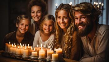 ai gerado uma grupo do sorridente adultos desfrutando luz de velas união dentro de casa gerado de ai foto