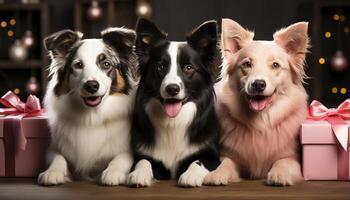 ai gerado fofa cachorro sentado, olhando às Câmera, cercado de aniversário decorações gerado de ai foto