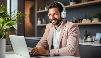 ai gerado jovem homem de negocios sentado às mesa, trabalhando em computador portátil com confiança gerado de ai foto