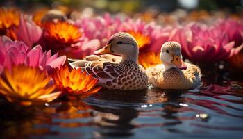 ai gerado Pato família charlatões perto lago, desfrutando natureza beleza gerado de ai foto