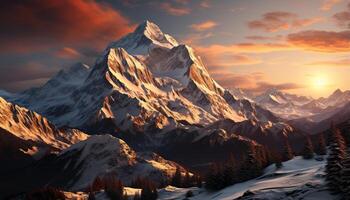 ai gerado majestoso montanha faixa, neve limitado picos, tranquilo pôr do sol, natureza beleza gerado de ai foto