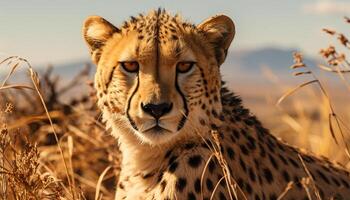 ai gerado majestoso guepardo, visto dentro africano savana, incorpora natural beleza gerado de ai foto