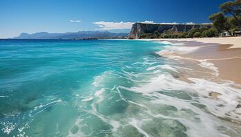 ai gerado idílico verão litoral azul água, arenoso praia, tranquilo ondas gerado de ai foto