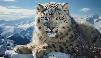ai gerado majestoso neve leopardo, uma ampla ameaçadas de extinção felino, dentro inverno região selvagem gerado de ai foto